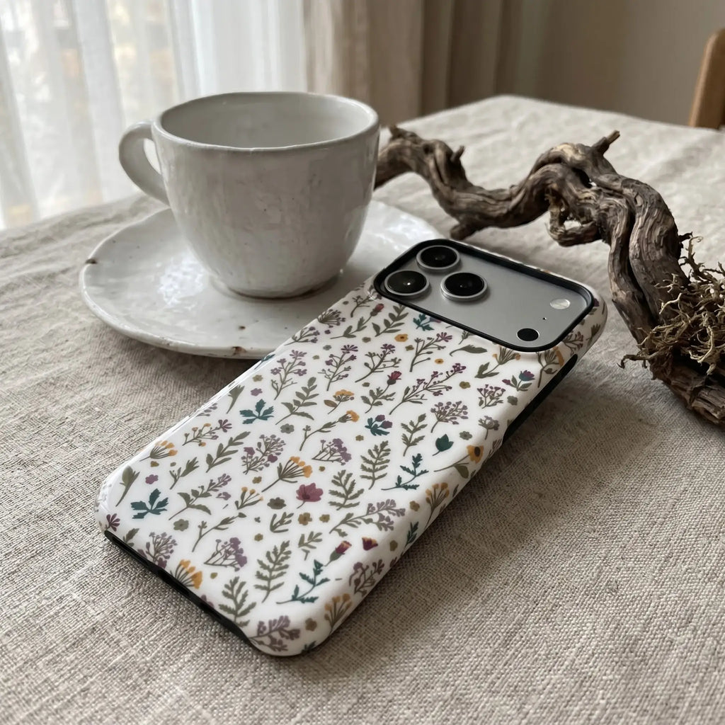 Vintage Wildflower matte case on iPhone 17 Pro Max, styled with botanical elements in a soft-lit, minimalist environment.