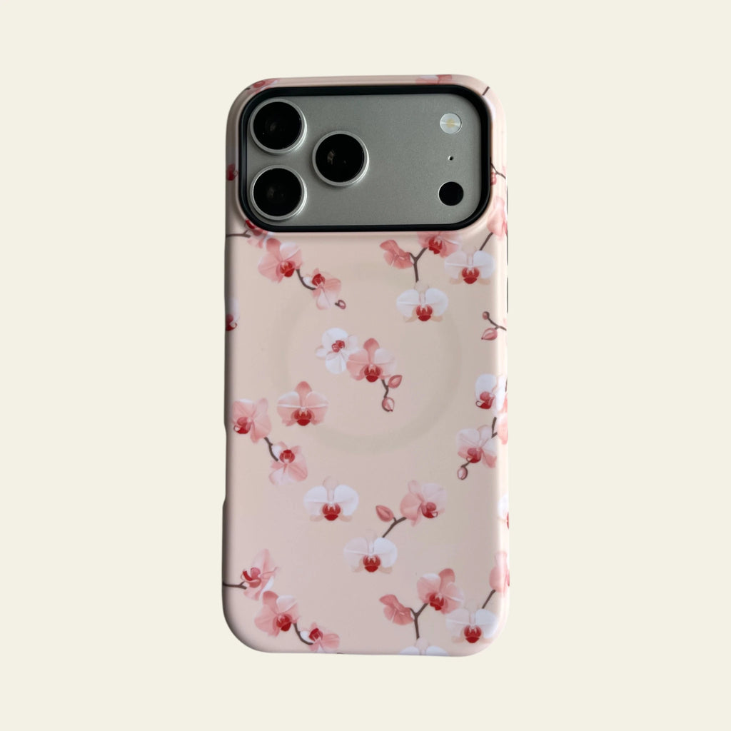 Front view of Mewvia Watercolor Blush Orchid case for iPhone 17 Pro Max, showcasing the soft floral patterns and MagSafe compatibility.