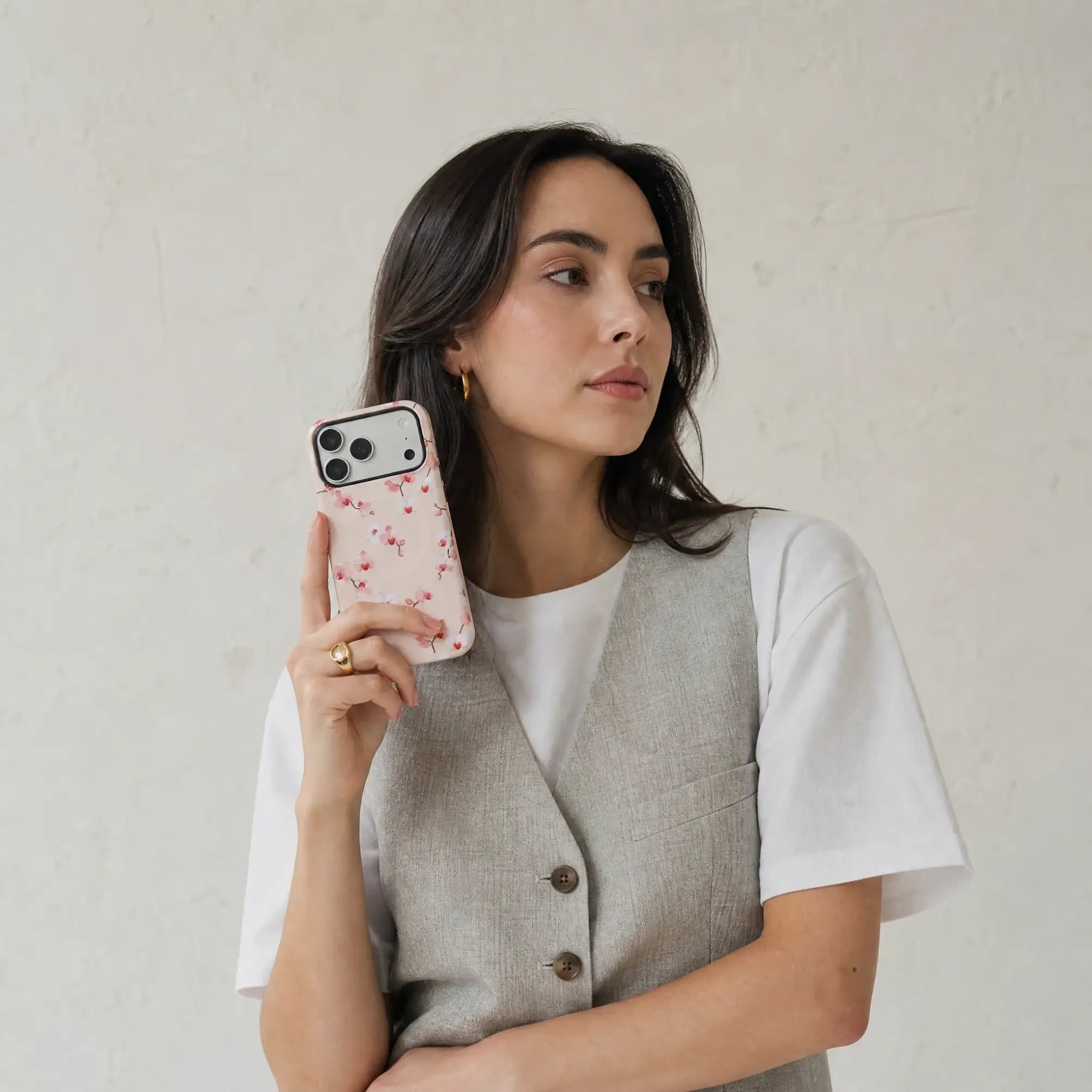 Watercolor Blush Orchid matte case on iPhone 17 Pro Max, styled with silk ribbons and soft natural light in a minimalist setting.