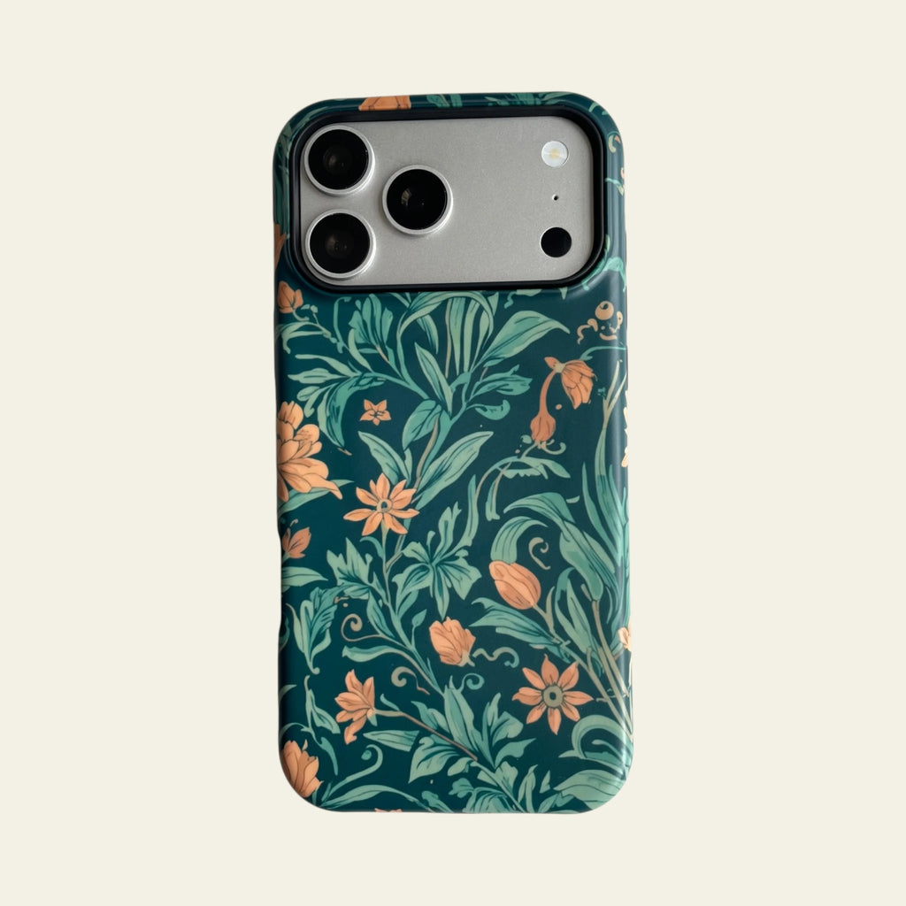 Front view of Mewvia William Morris Inspired Floral case for iPhone 17 Pro Max, showcasing the intricate botanical illustrations and matte finish.