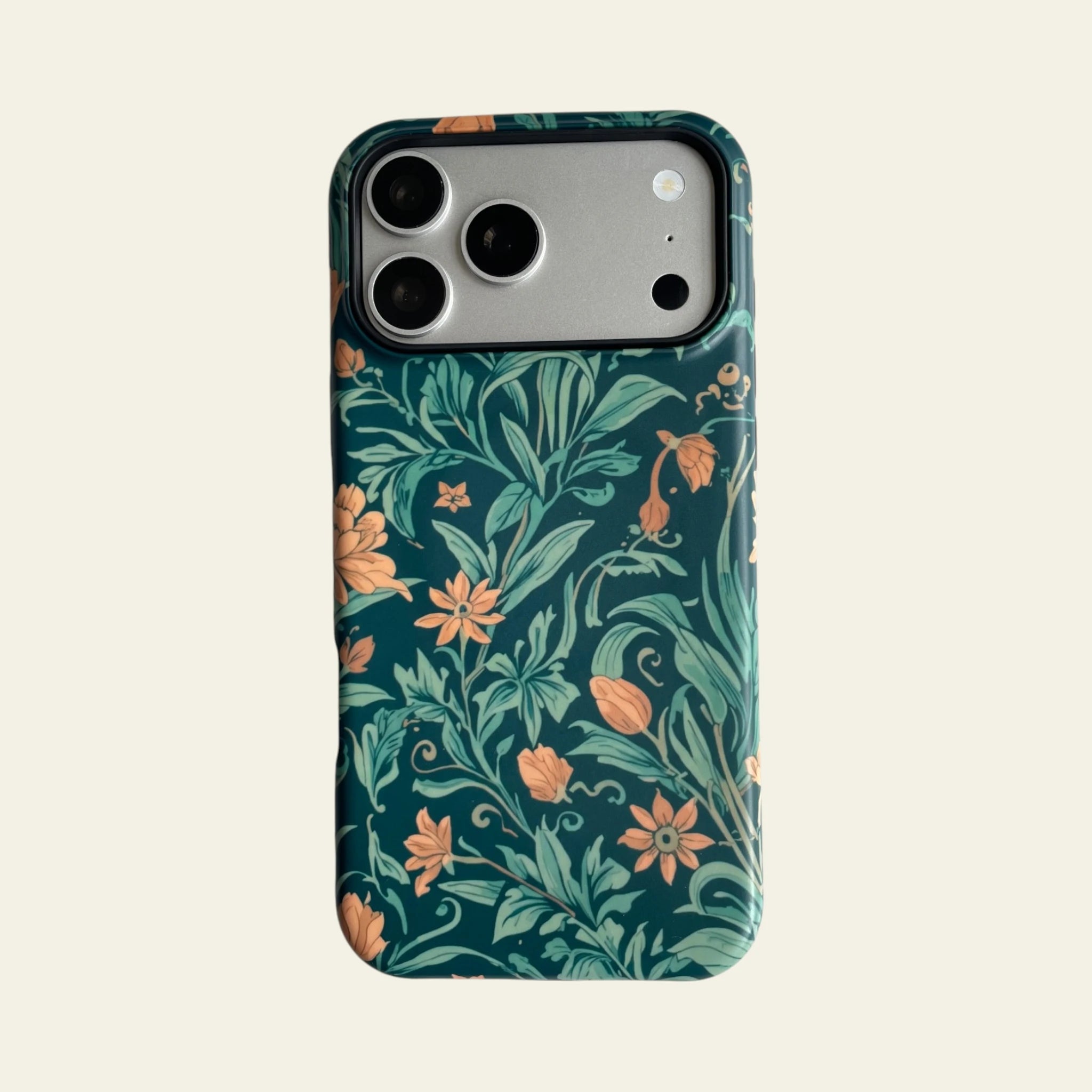 Front view of Mewvia William Morris Inspired Floral case for iPhone 17 Pro Max, showcasing the intricate botanical illustrations and matte finish.