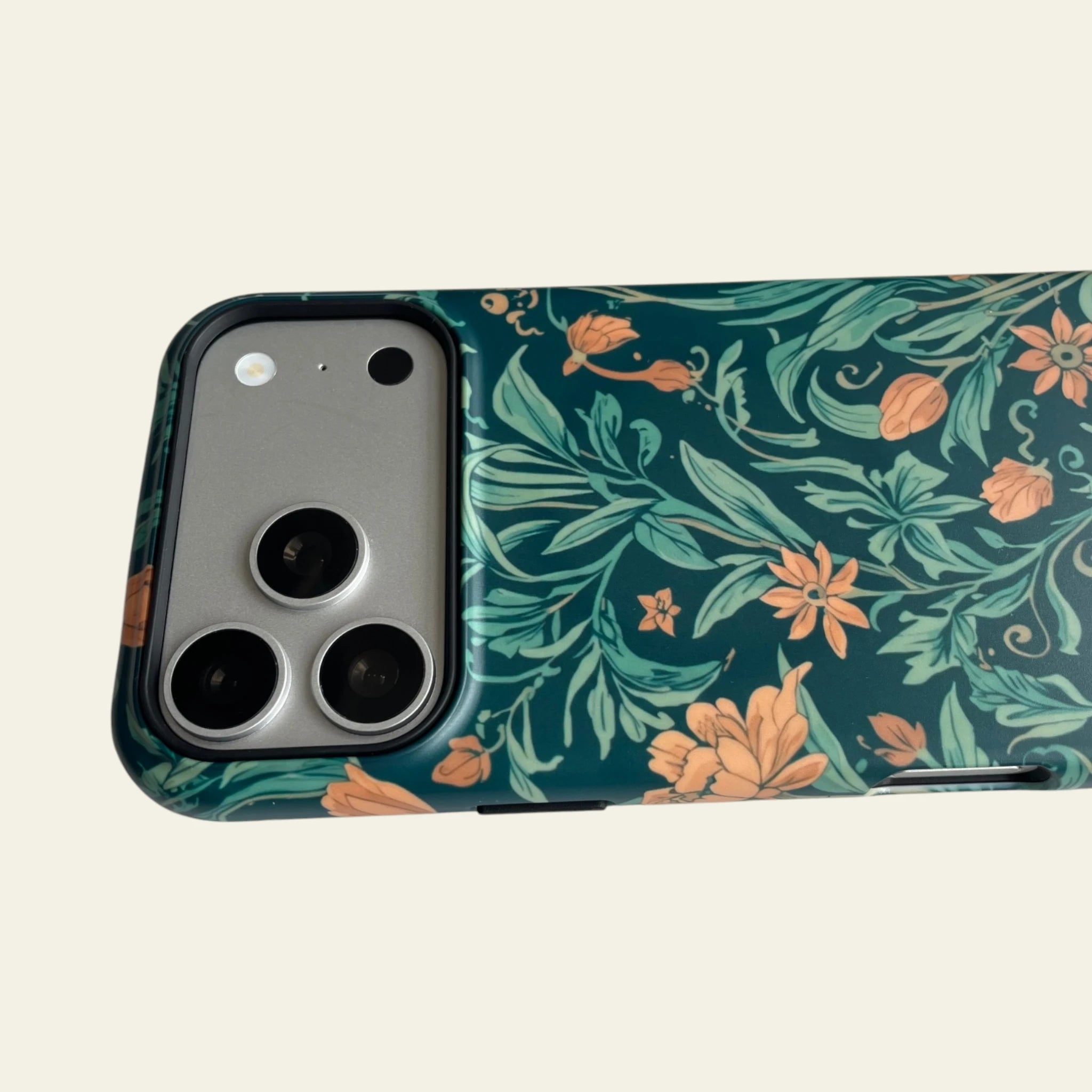 Close-up of the premium matte material on the William Morris Floral case, highlighting the anti-fingerprint surface that is not easy to fade.